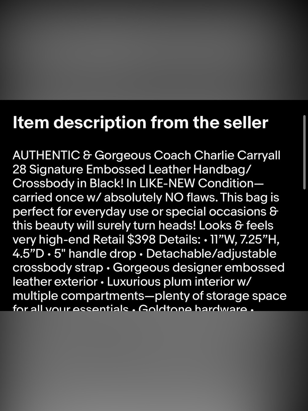 Coach Charlie Carryall 28 Signature Embossed Black Leather Handbag/Crossbody - Picture 11 of 14